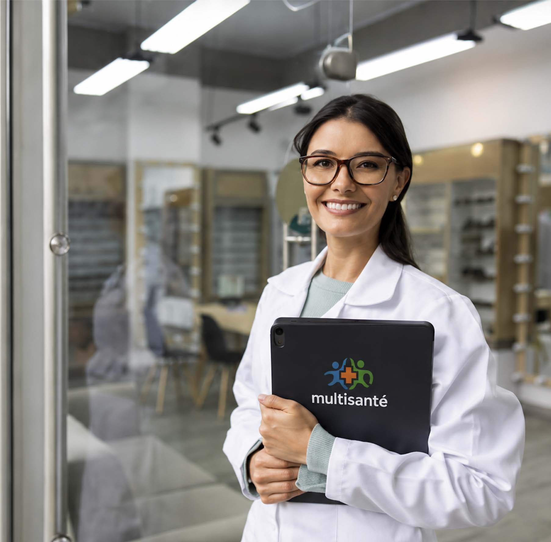 Une professionnelle de santé en blouse blanche, portant des lunettes, tenant une tablette avec le logo Multisanté