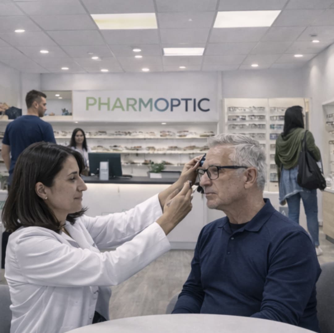 Une opticienne réalise un examen de vue à un patient dans un corner PharmOptic